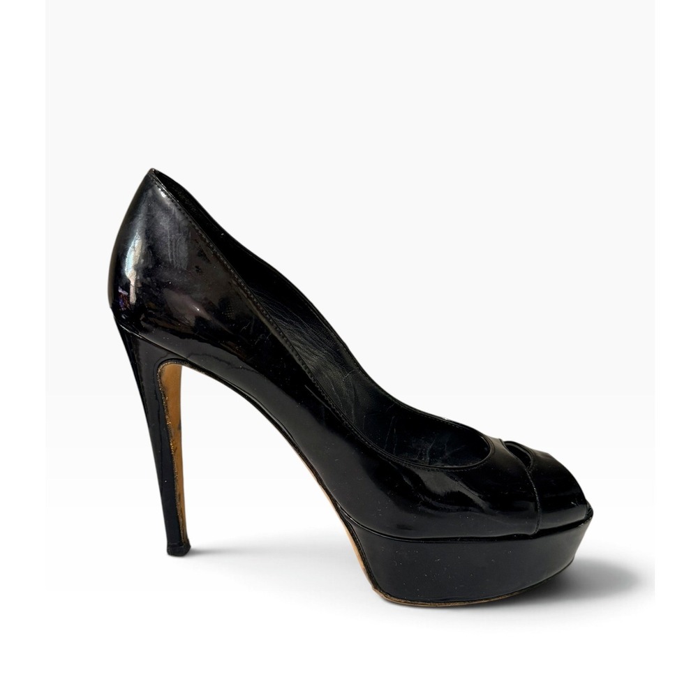 Stuart Weitzman Classic Black Patent Leather Peep Toe Platform Stiletto Size 9